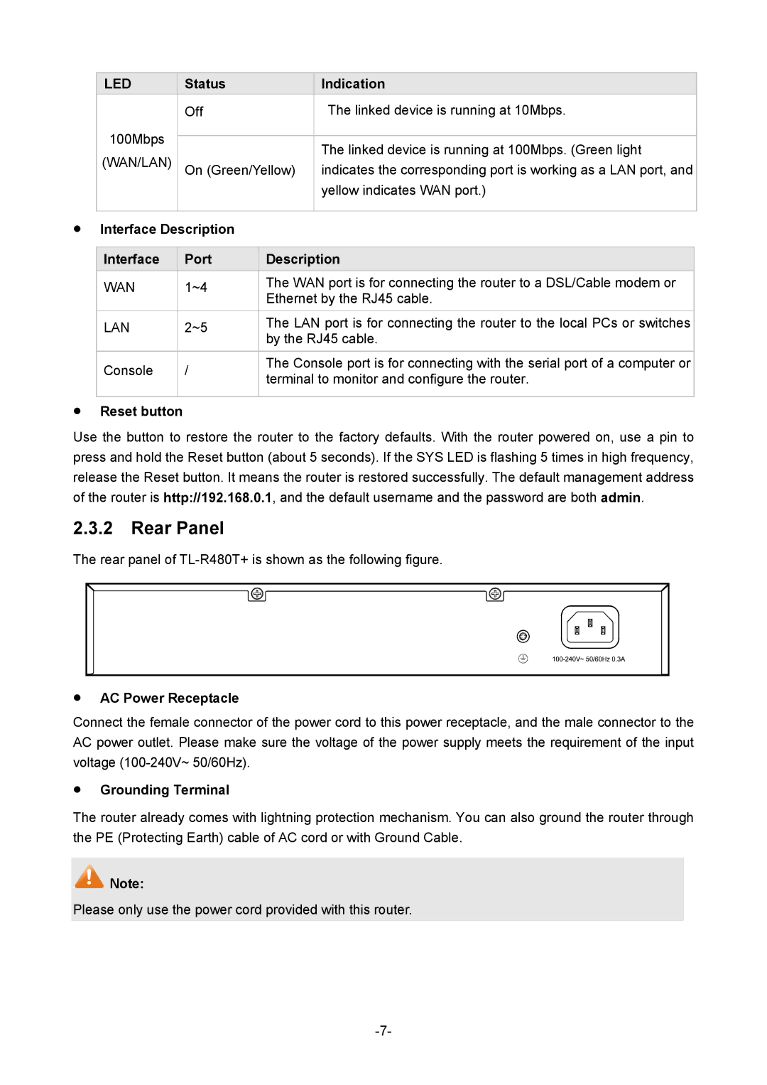 TP-Link TL-R480T+ Rear Panel,  Interface Description Port,  Reset button,  AC Power Receptacle,  Grounding Terminal 