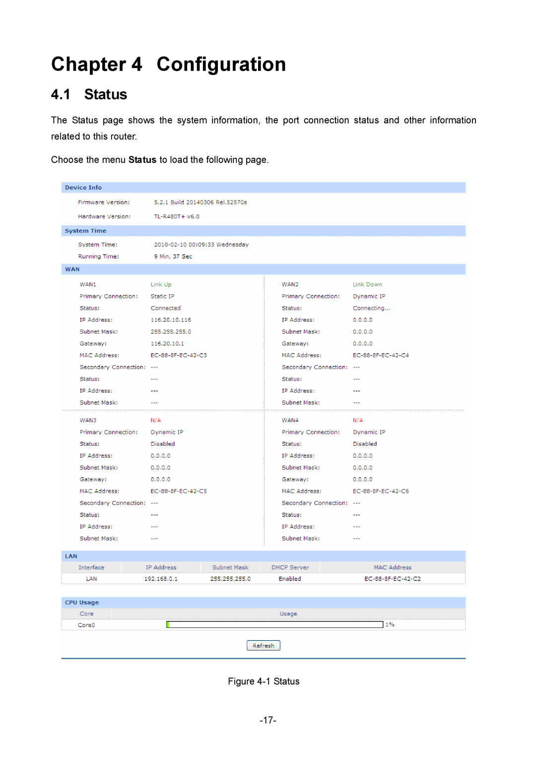 TP-Link TL-R480T+ manual Configuration, Status 