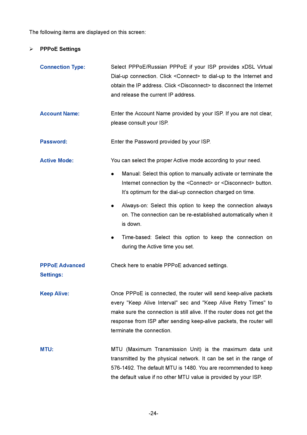 TP-Link TL-R480T+ manual Account Name, Password, Active Mode, PPPoE Advanced, Settings Keep Alive 