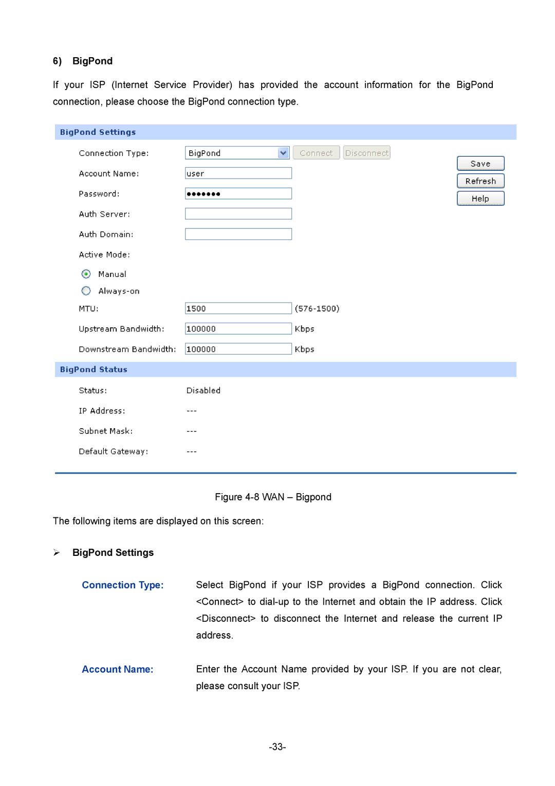 TP-Link TL-R480T+ manual  BigPond Settings 