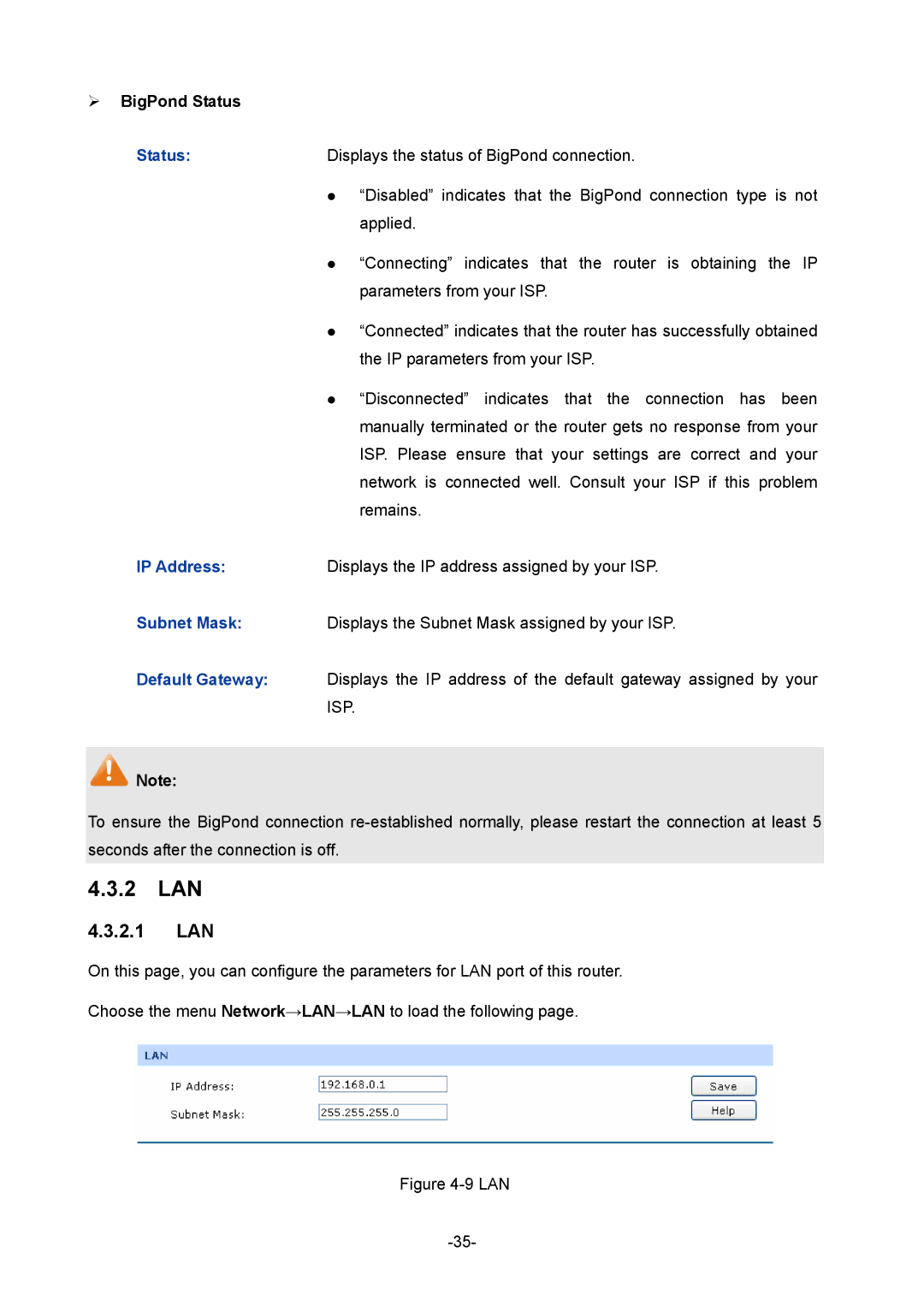 TP-Link TL-R480T+ manual 2 LAN, 2.1 LAN,  BigPond Status 