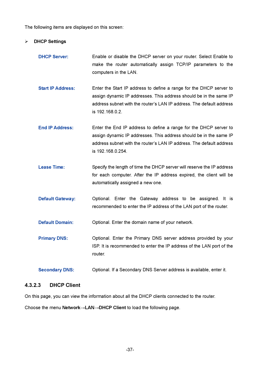TP-Link TL-R480T+ manual Dhcp Client,  Dhcp Settings 