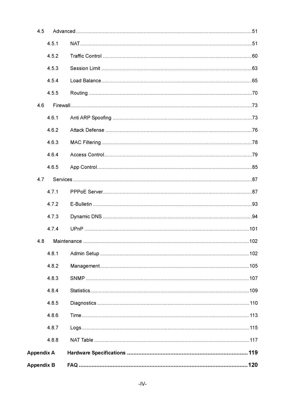 TP-Link TL-R480T+ manual Hardware Specifications 119, 120 