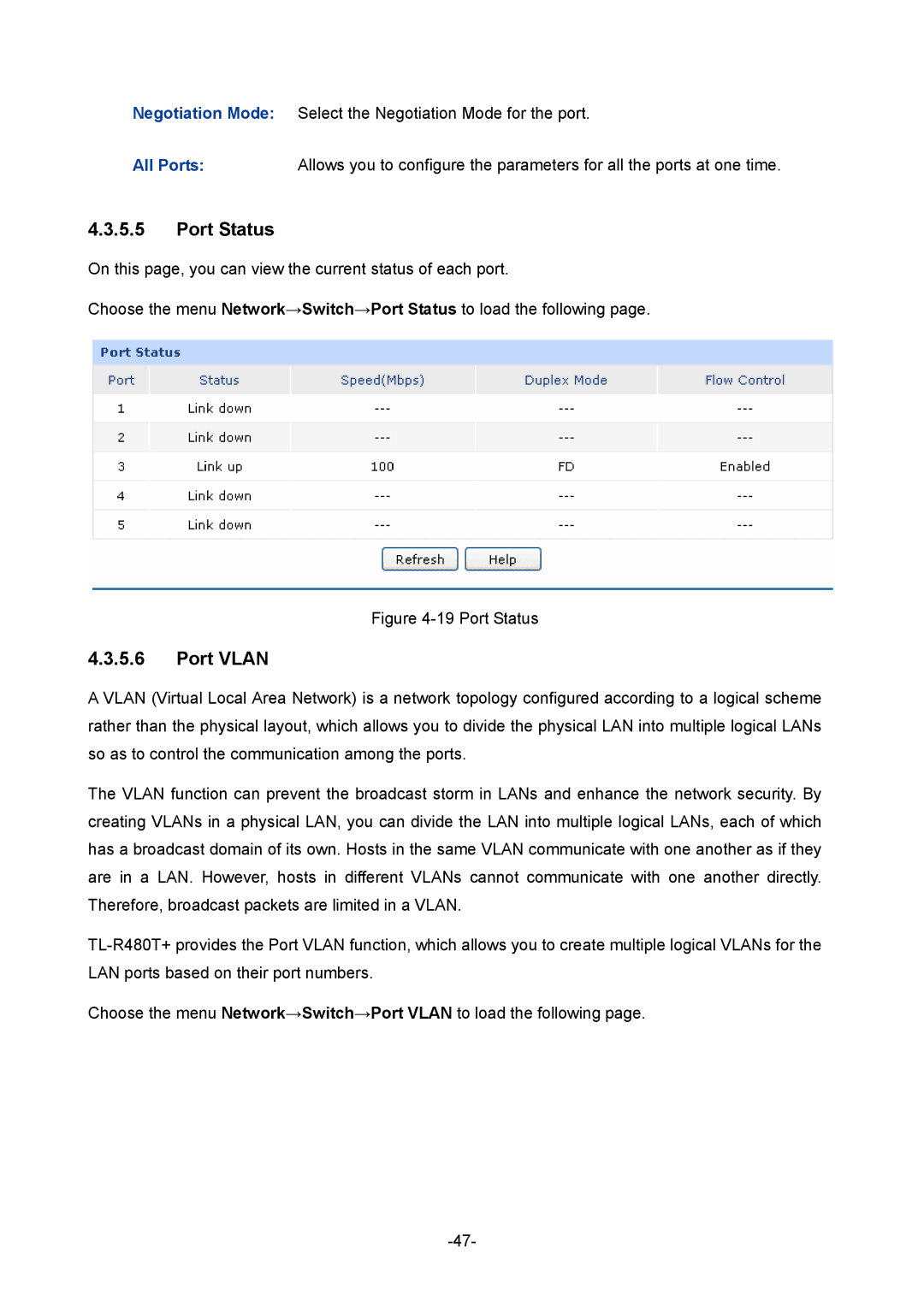 TP-Link TL-R480T+ manual Port Status, Port Vlan 