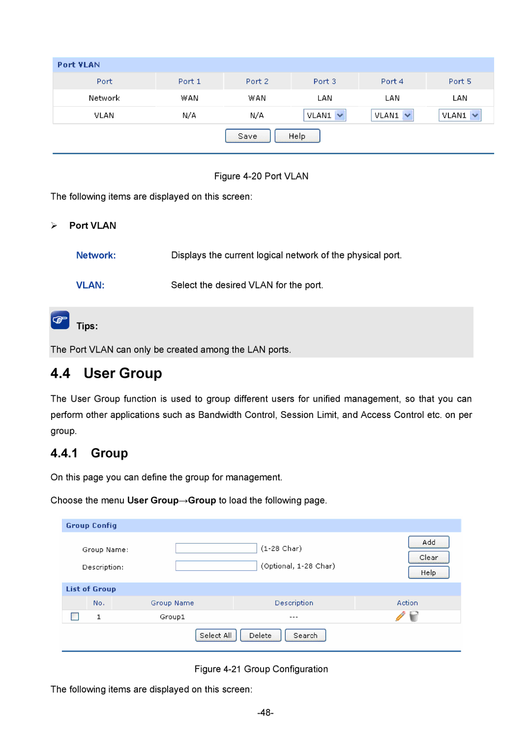 TP-Link TL-R480T+ manual User Group,  Port Vlan 