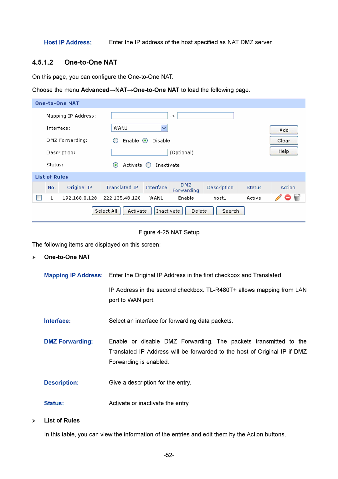 TP-Link TL-R480T+ manual  One-to-One NAT,  List of Rules 