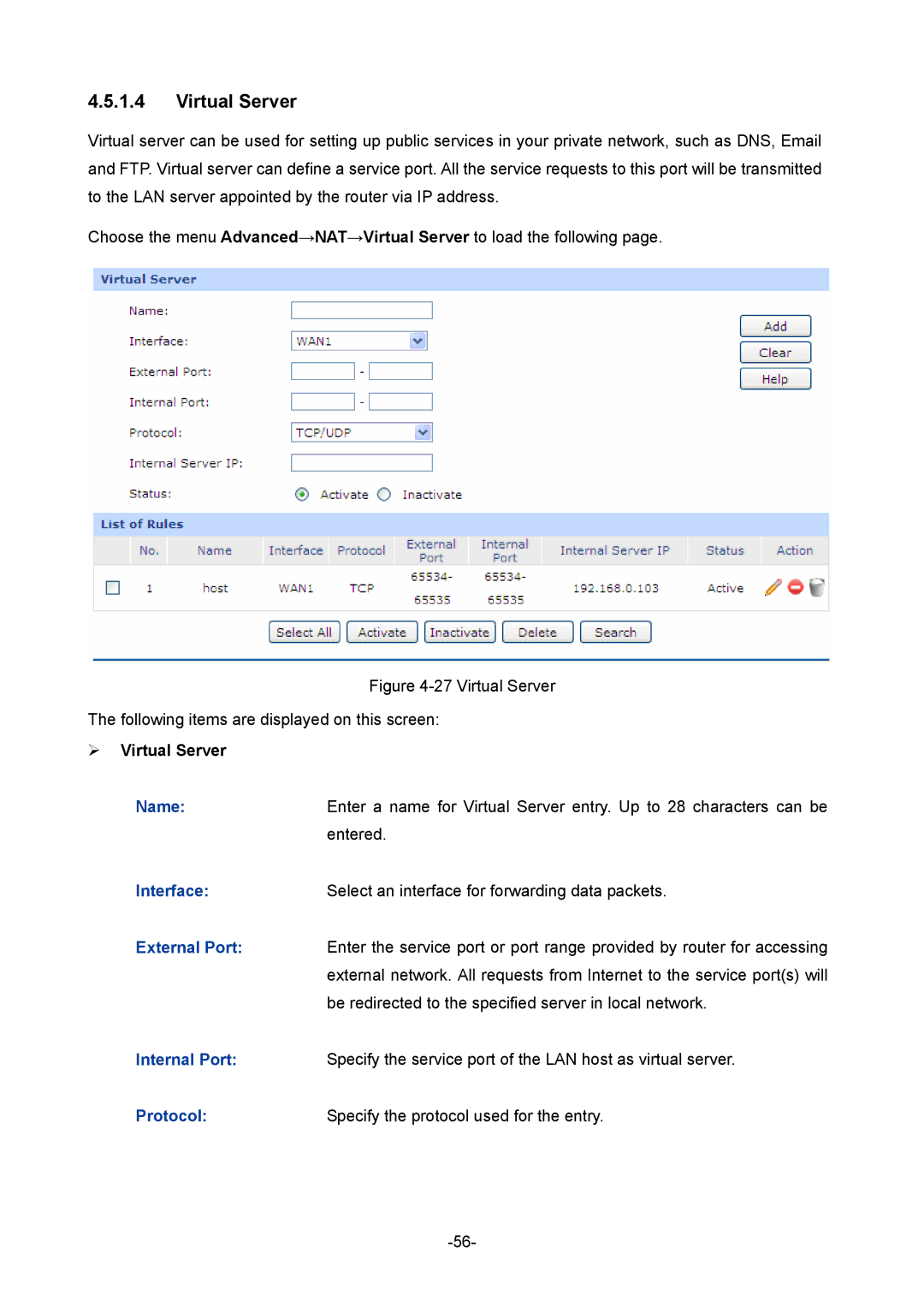 TP-Link TL-R480T+ manual  Virtual Server, Interface, Protocol 