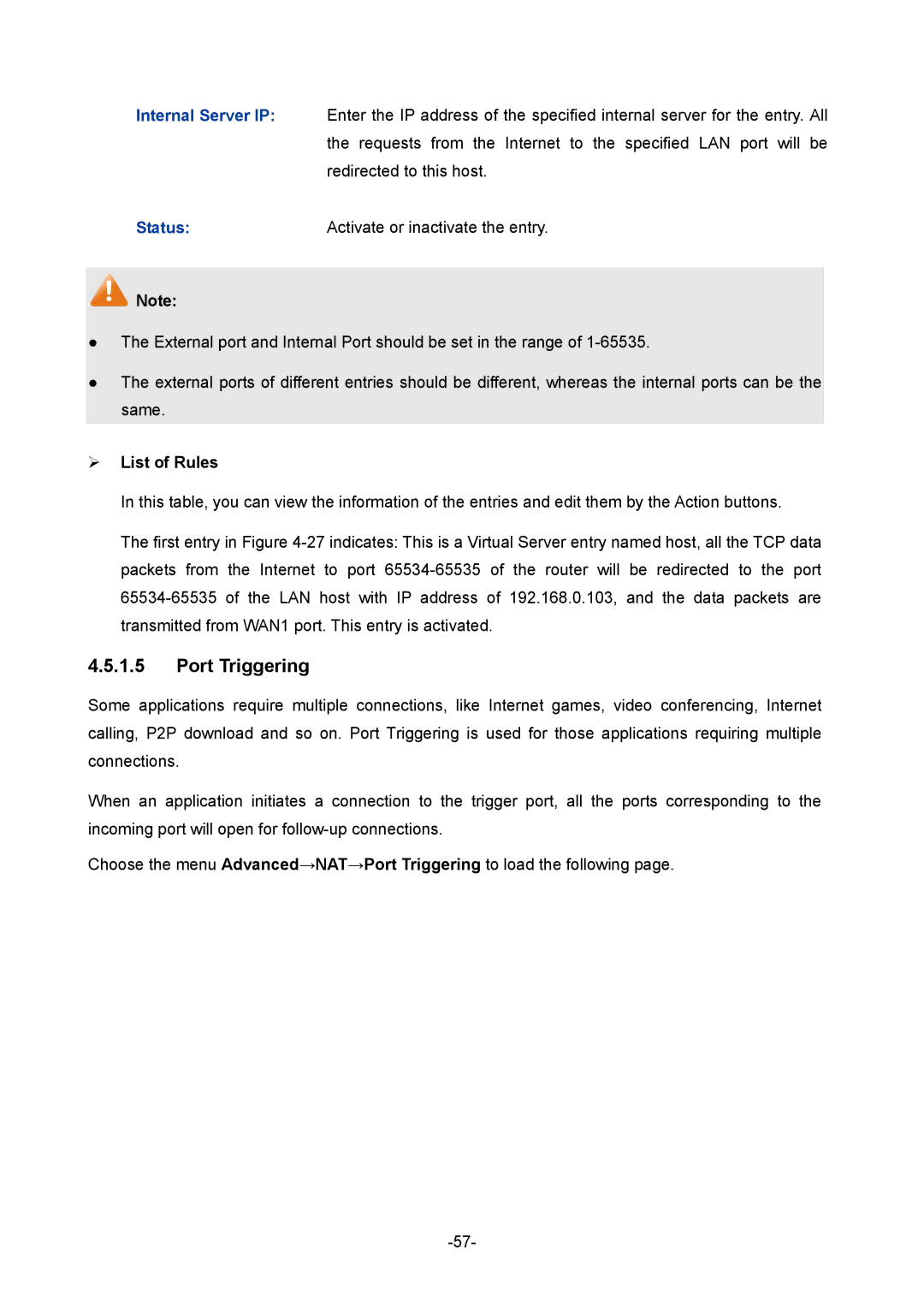 TP-Link TL-R480T+ manual Port Triggering, Status 