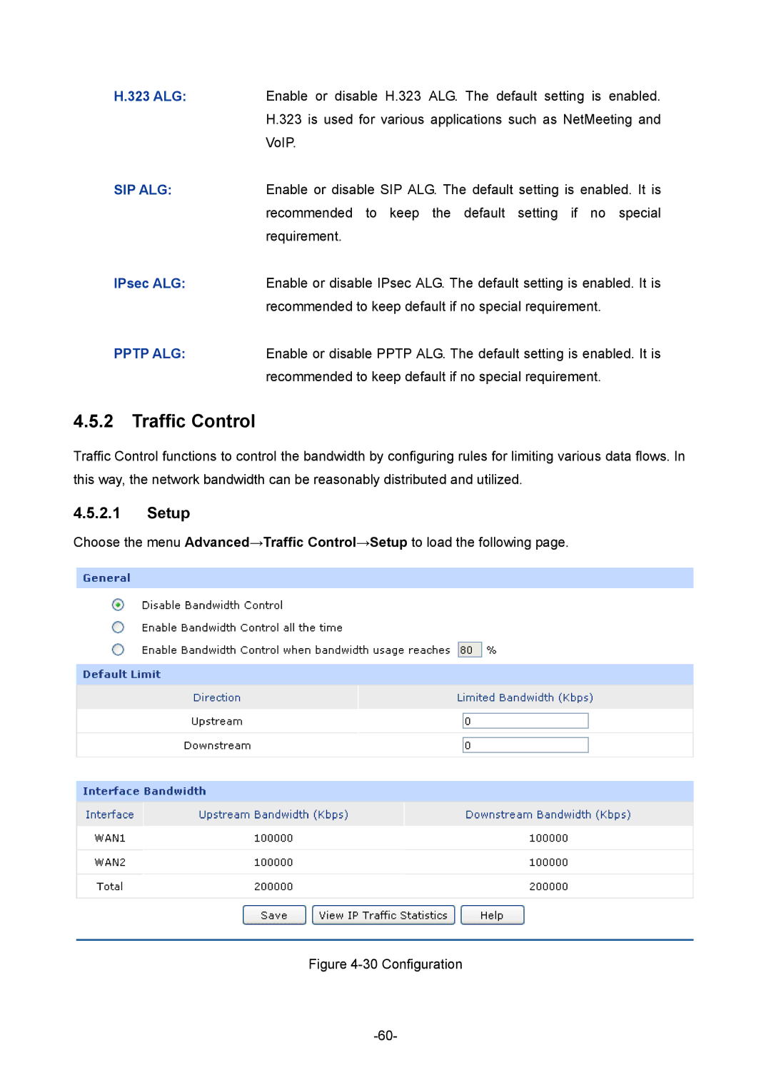 TP-Link TL-R480T+ manual Traffic Control, Setup, 323 ALG, IPsec ALG 