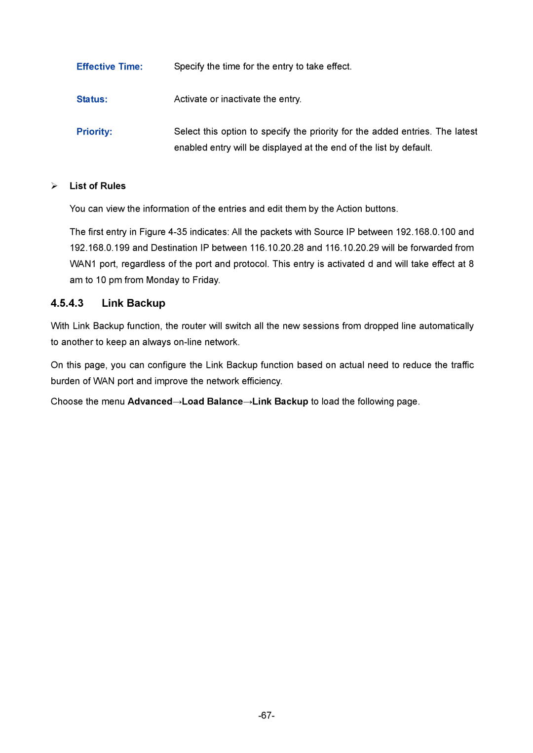 TP-Link TL-R480T+ manual Link Backup,  List of Rules 