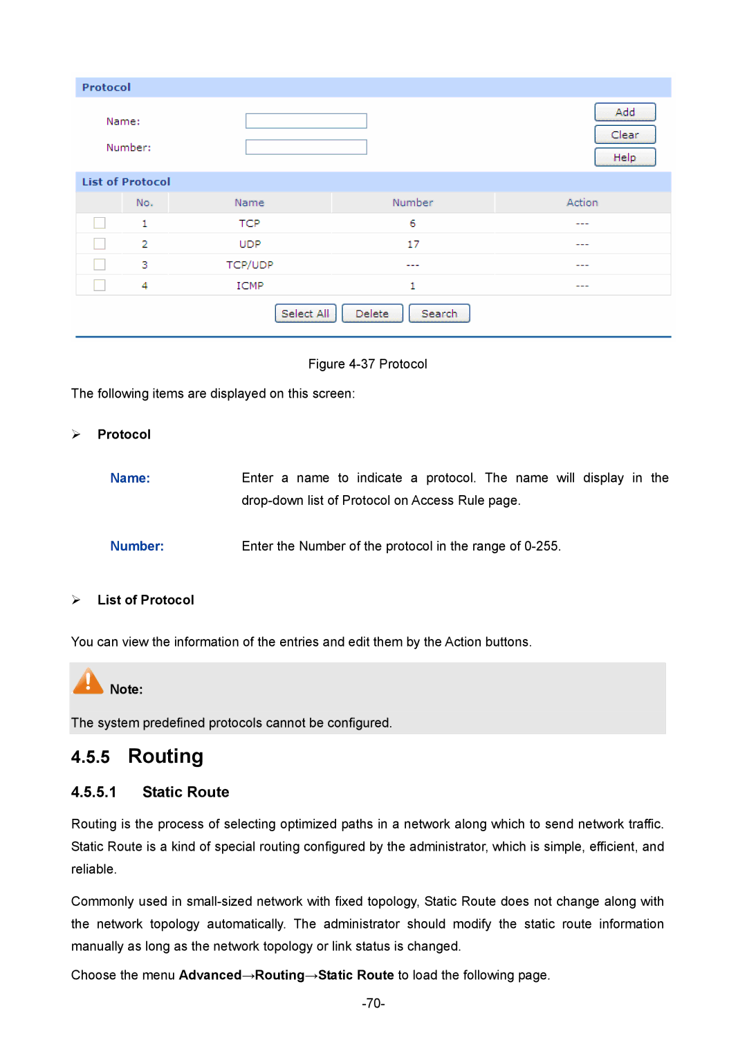 TP-Link TL-R480T+ manual Routing, Static Route,  Protocol,  List of Protocol 