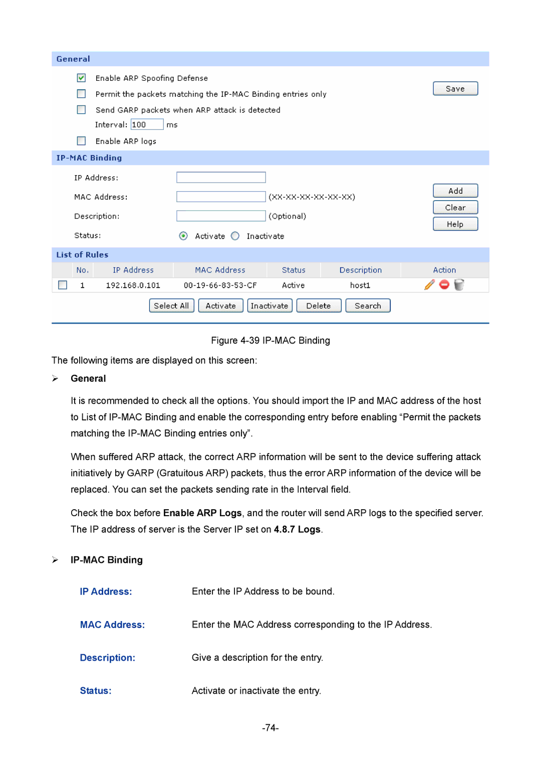 TP-Link TL-R480T+ manual  General,  IP-MAC Binding 