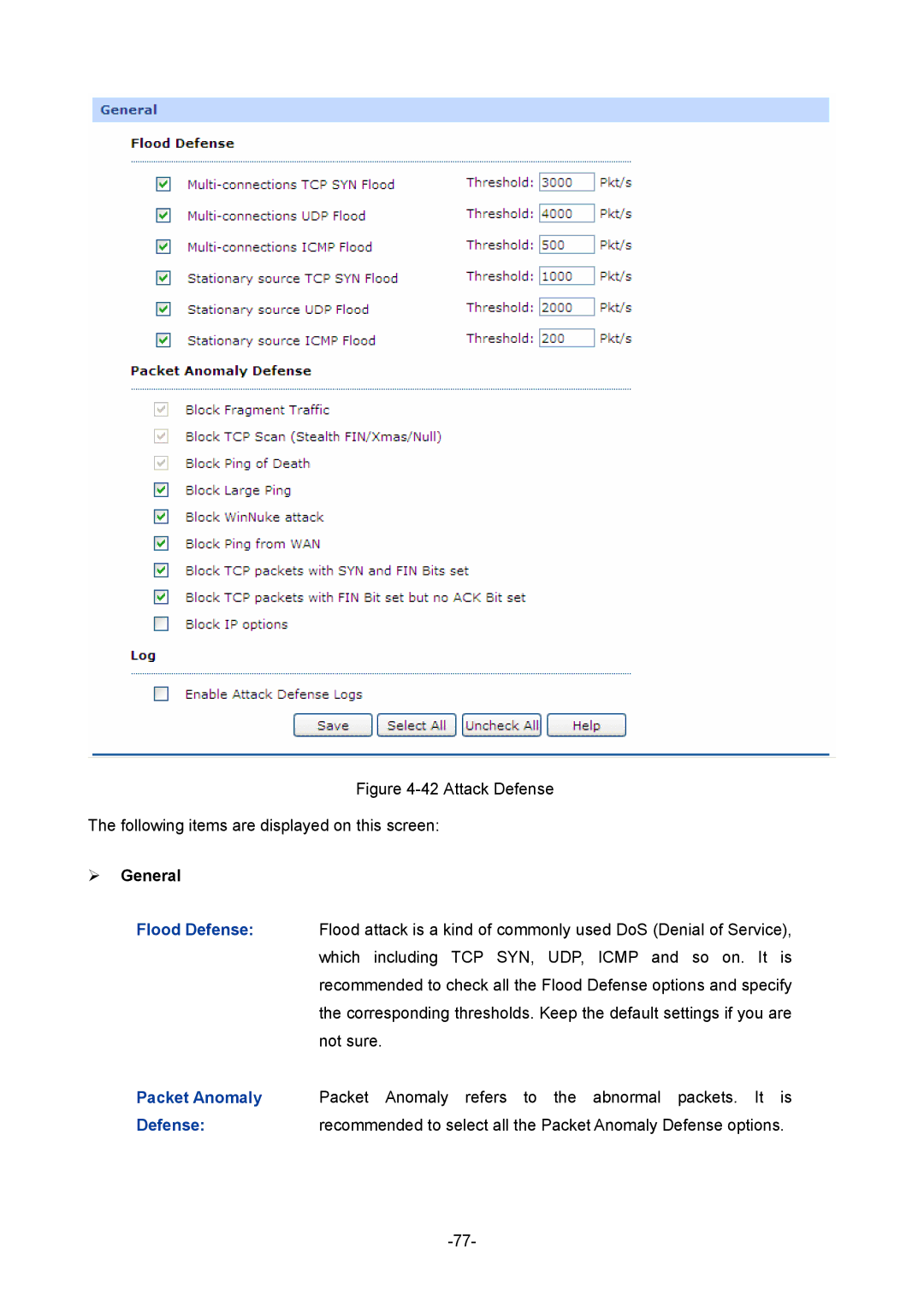 TP-Link TL-R480T+ manual Flood Defense, Packet Anomaly 