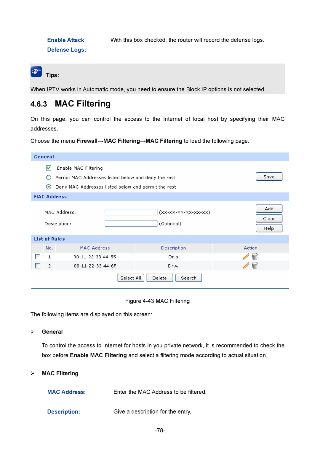 TP-Link TL-R480T+ manual Enable Attack, Defense Logs,  MAC Filtering 