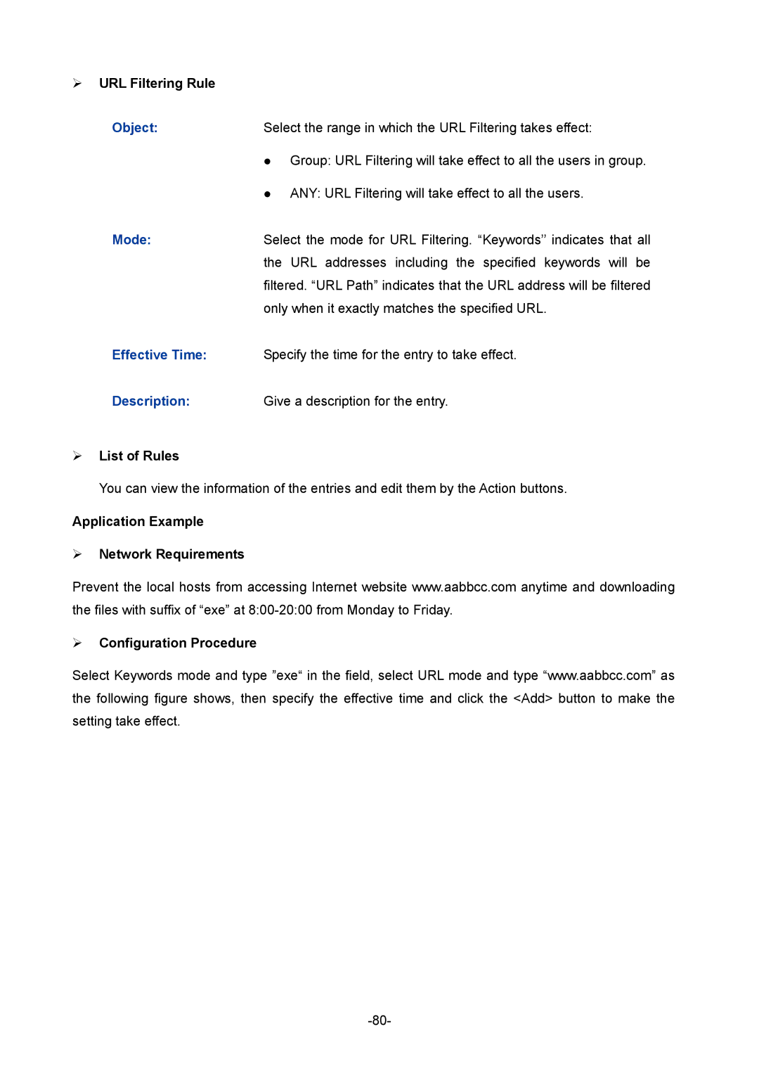 TP-Link TL-R480T+ manual  URL Filtering Rule, Object 