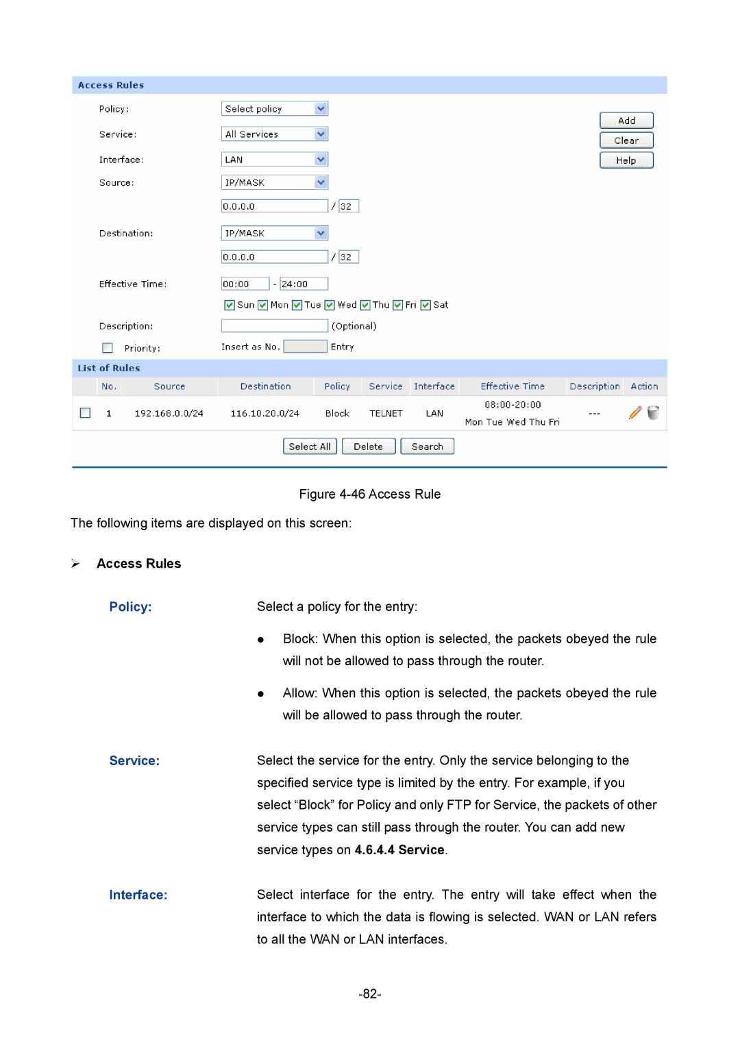 TP-Link TL-R480T+ manual  Access Rules, Policy, Service 