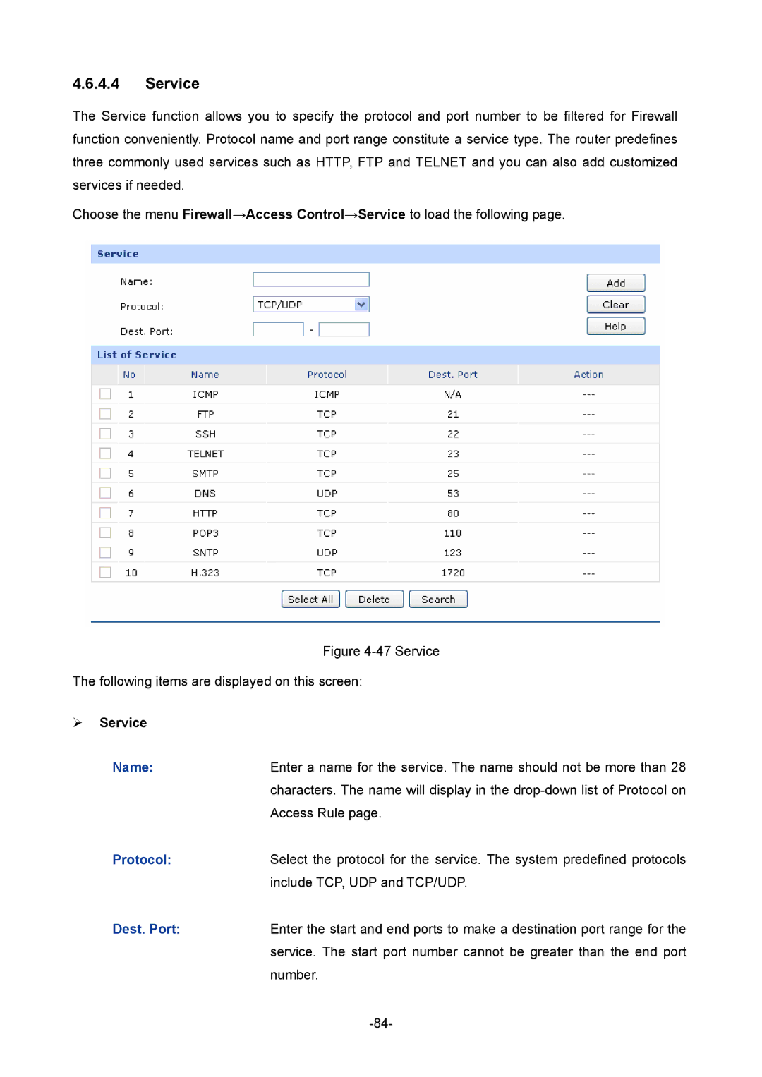 TP-Link TL-R480T+ manual  Service, Name, Dest. Port 