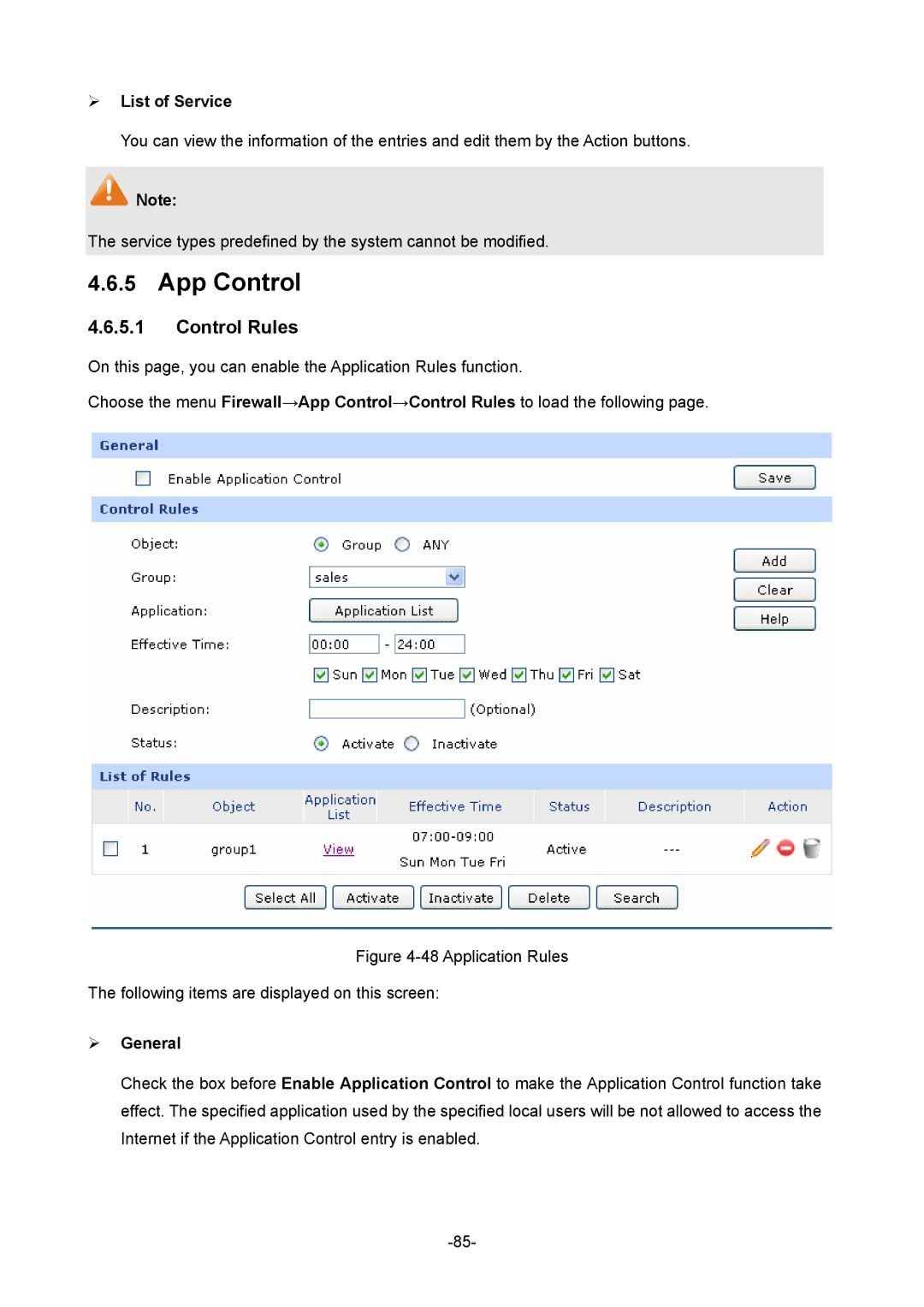 TP-Link TL-R480T+ manual App Control, Control Rules,  List of Service 