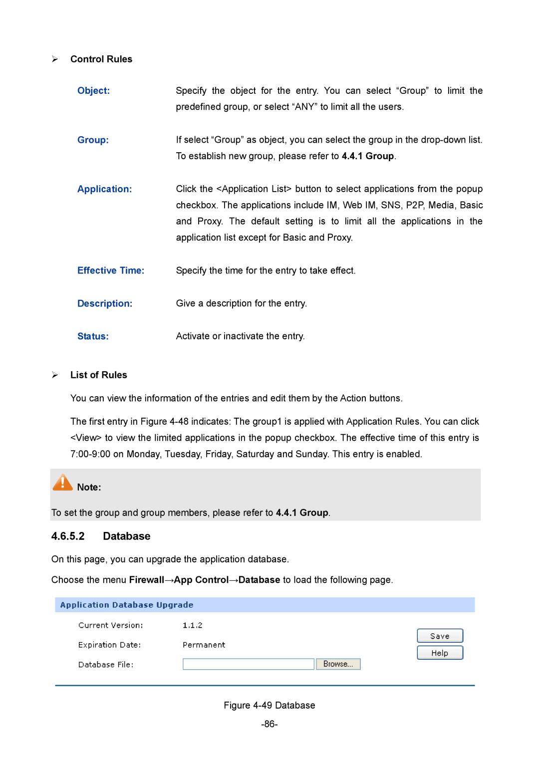 TP-Link TL-R480T+ manual Database,  Control Rules, Application 