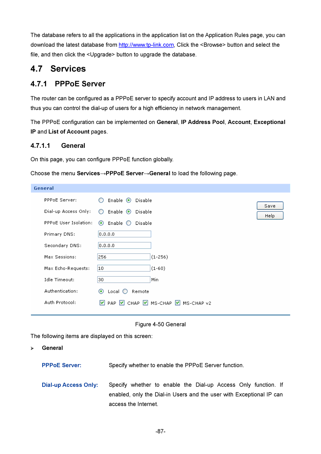 TP-Link TL-R480T+ manual Services, PPPoE Server, General 