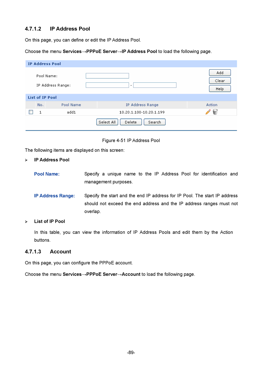 TP-Link TL-R480T+ manual Account,  IP Address Pool,  List of IP Pool 