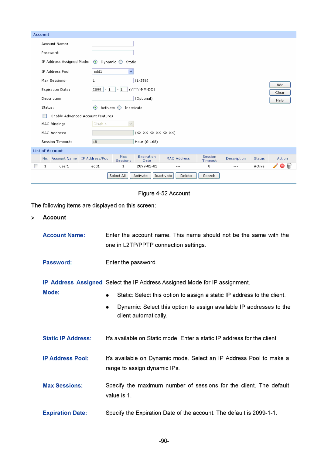 TP-Link TL-R480T+ manual Account Following items are displayed on this screen,  Account Account Name 