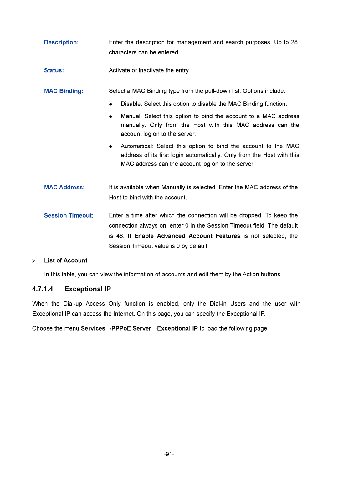 TP-Link TL-R480T+ manual Exceptional IP, Is 48. If Enable Advanced Account Features is not selected,  List of Account 