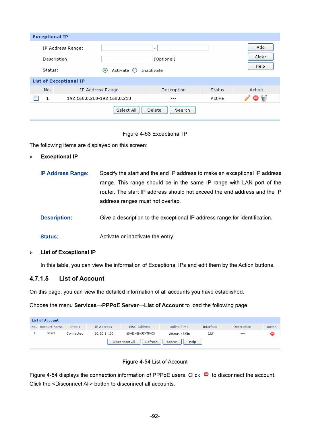 TP-Link TL-R480T+ manual List of Account,  Exceptional IP,  List of Exceptional IP 