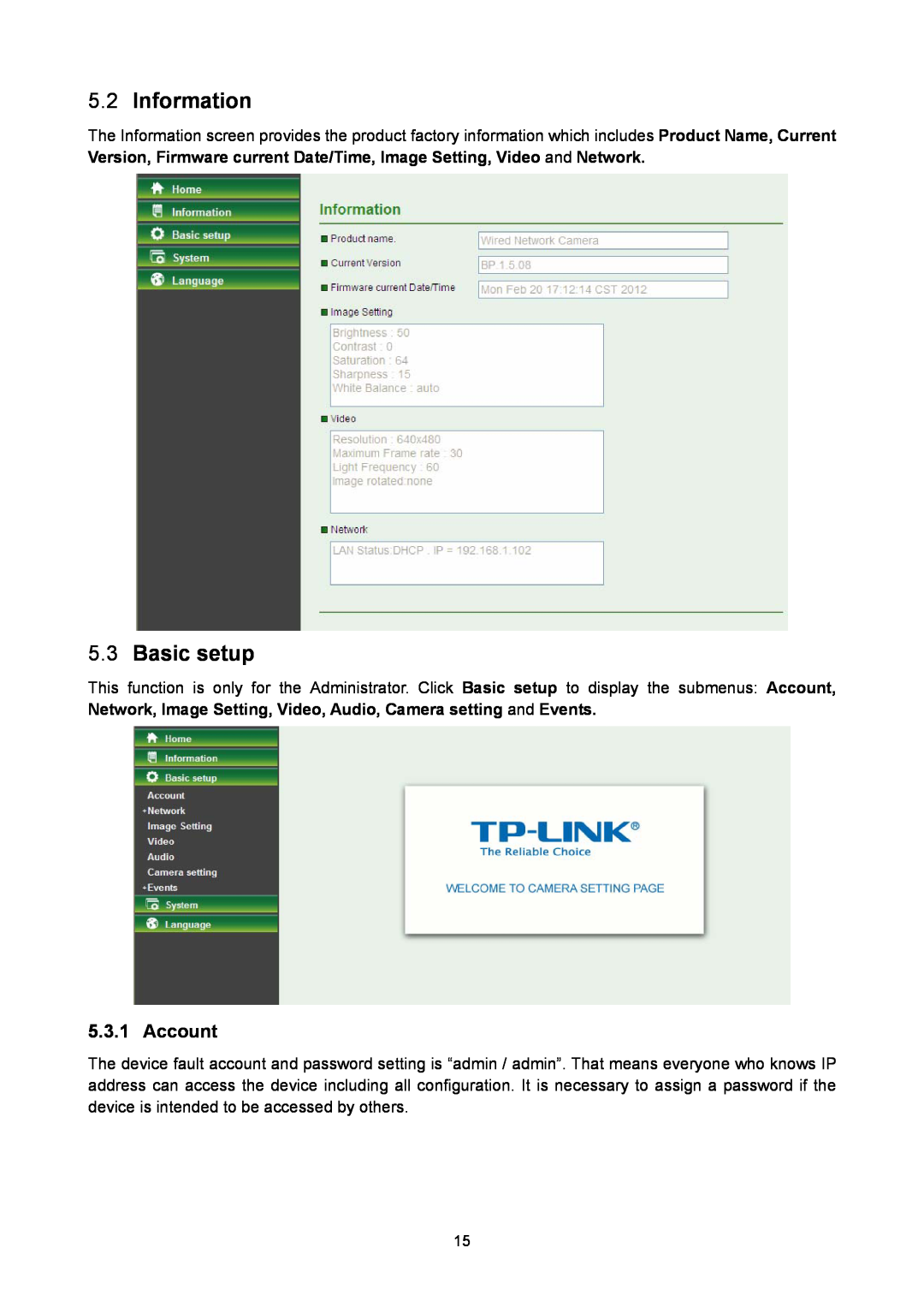 TP-Link TL-SC2020 manual Information, Basic setup, Account 