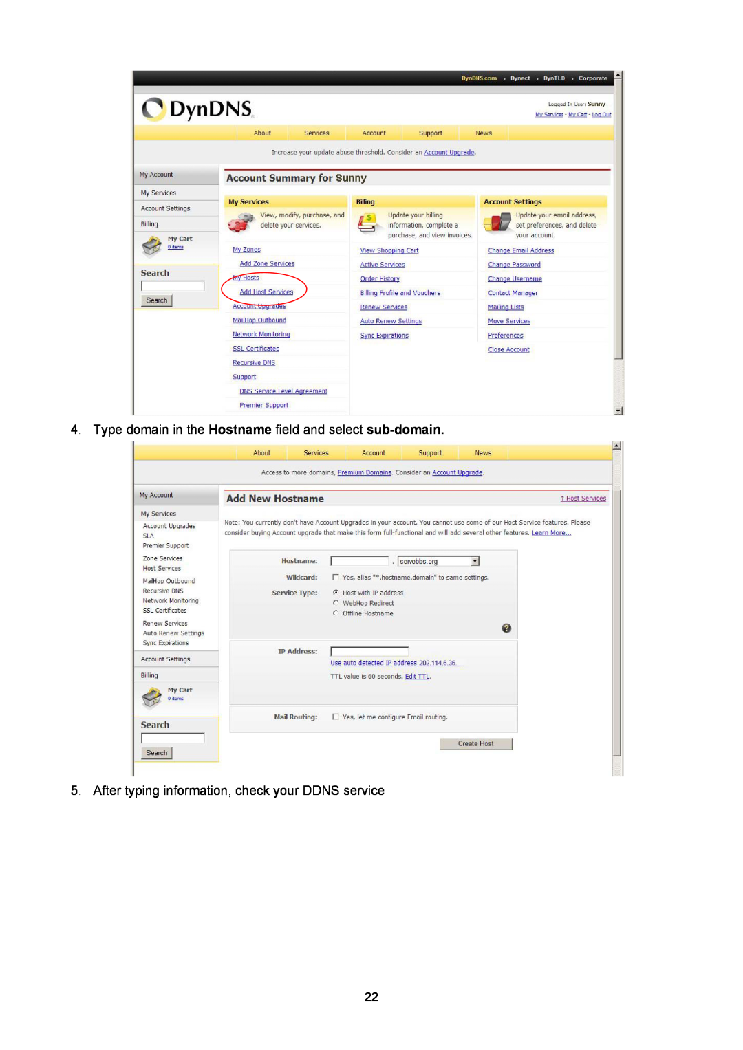 TP-Link TL-SC2020 manual Type domain in the Hostname field and select sub-domain 