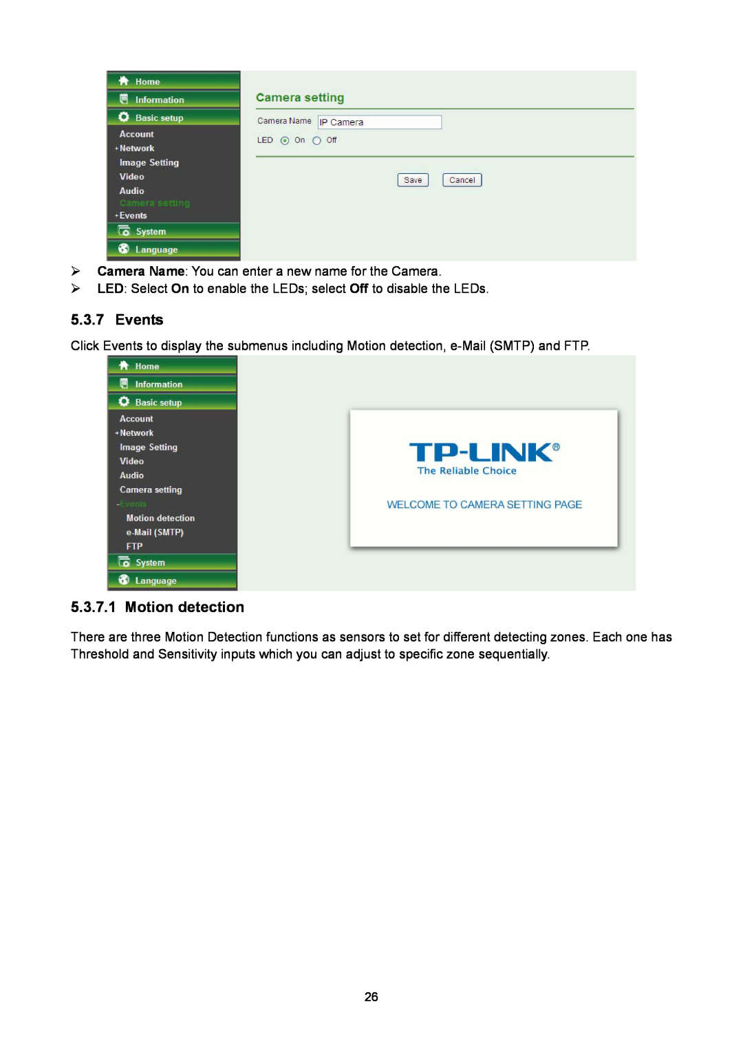 TP-Link TL-SC2020 manual Events, Motion detection 