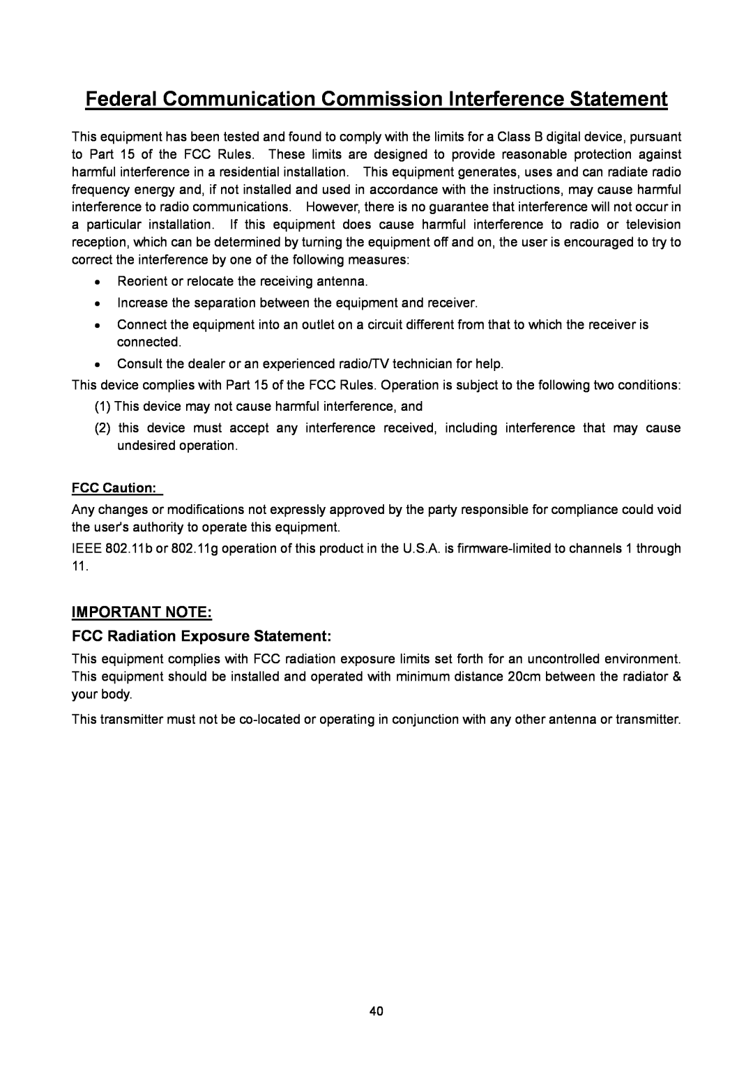 TP-Link TL-SC2020 Federal Communication Commission Interference Statement, IMPORTANT NOTE FCC Radiation Exposure Statement 