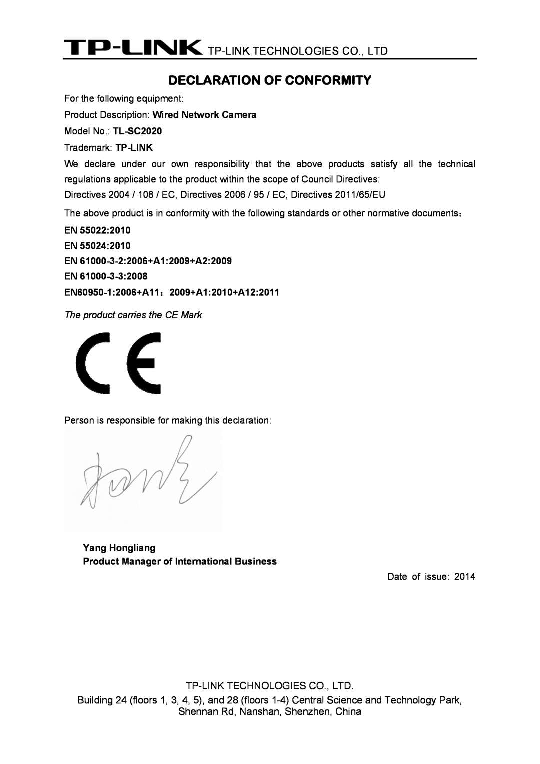 TP-Link TL-SC2020 manual Declaration Of Conformity, Shennan Rd, Nanshan, Shenzhen, China 