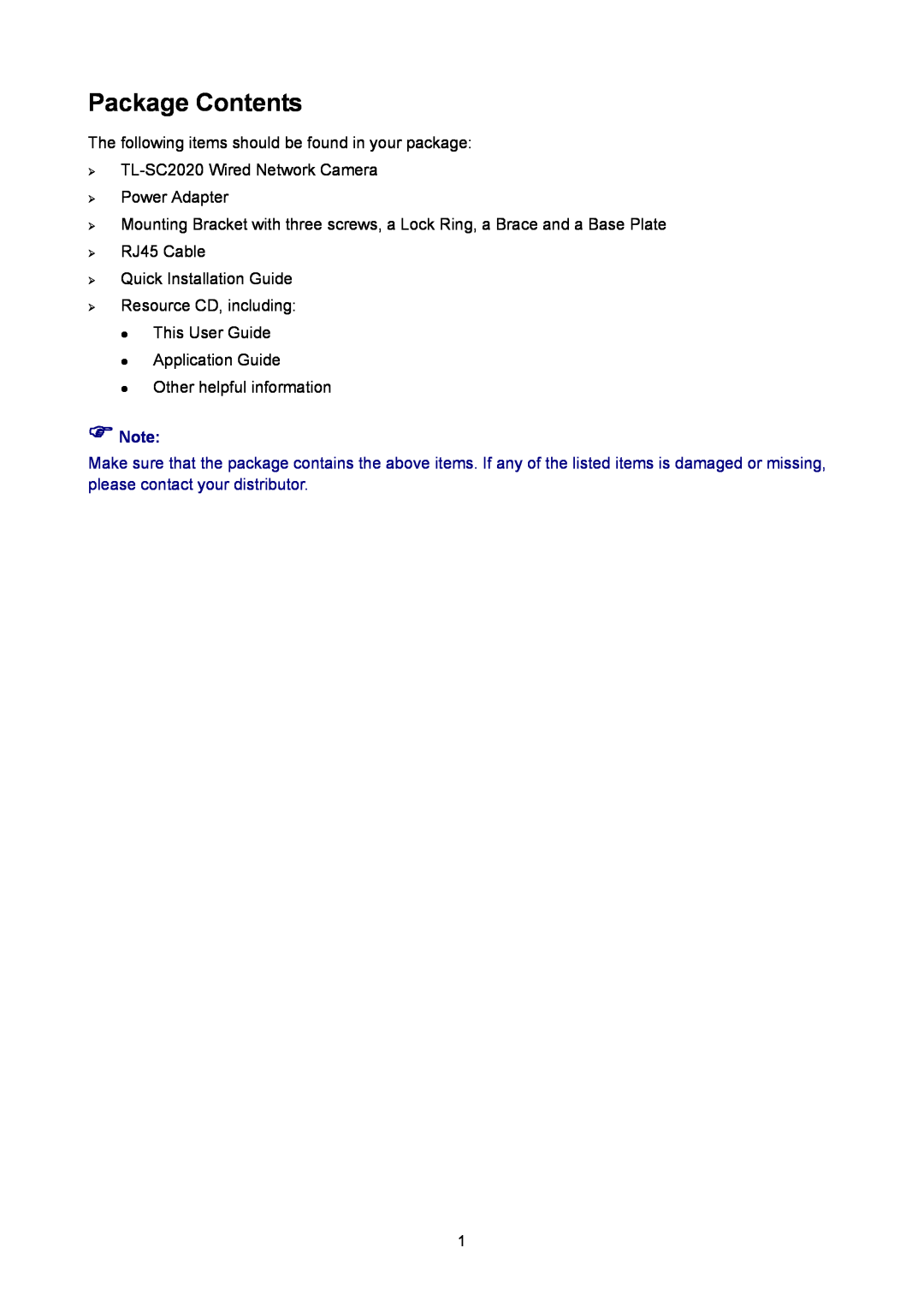 TP-Link TL-SC2020 manual Package Contents,  Note 