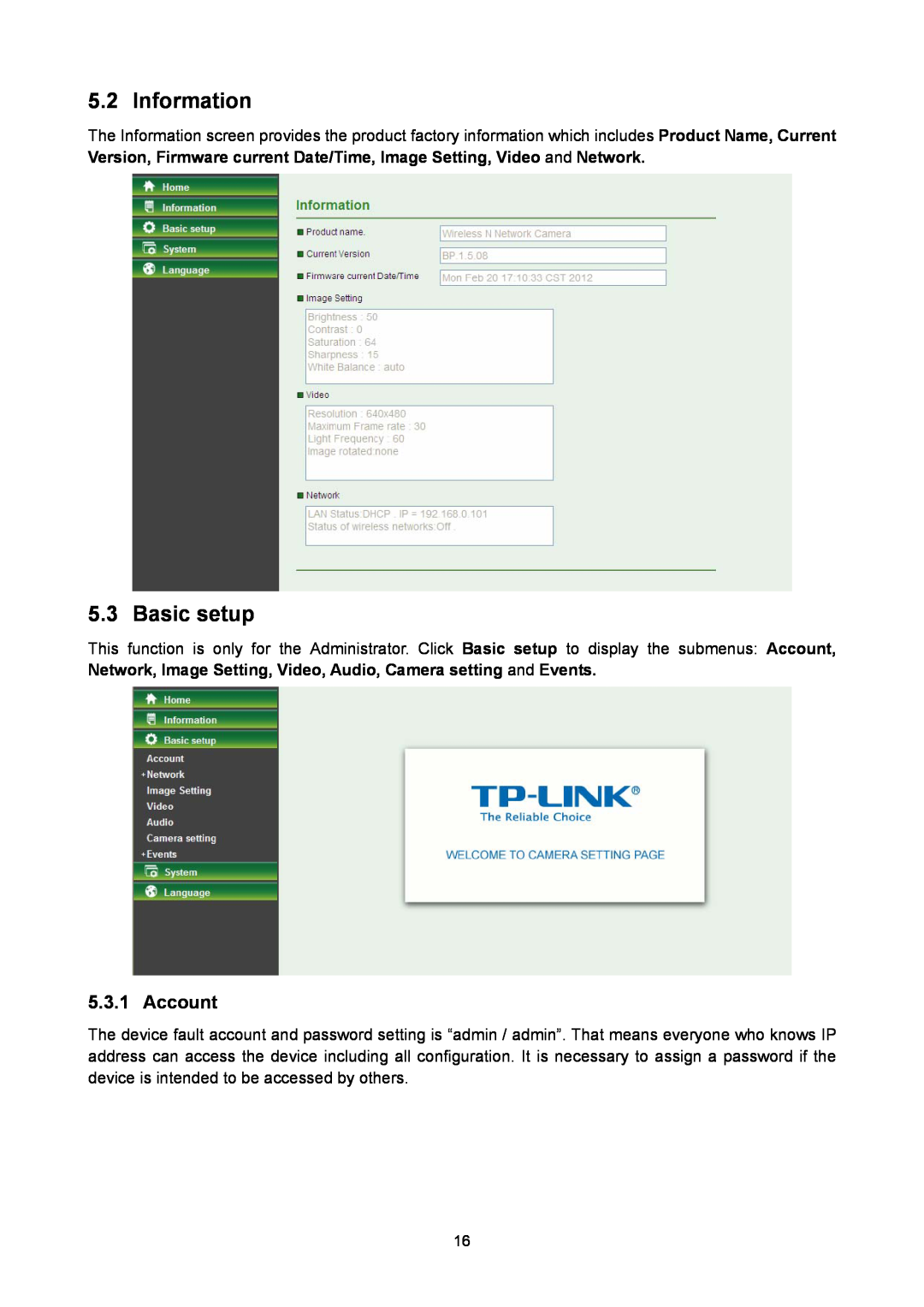 TP-Link TL-SC2020N manual Information, Basic setup, Account 
