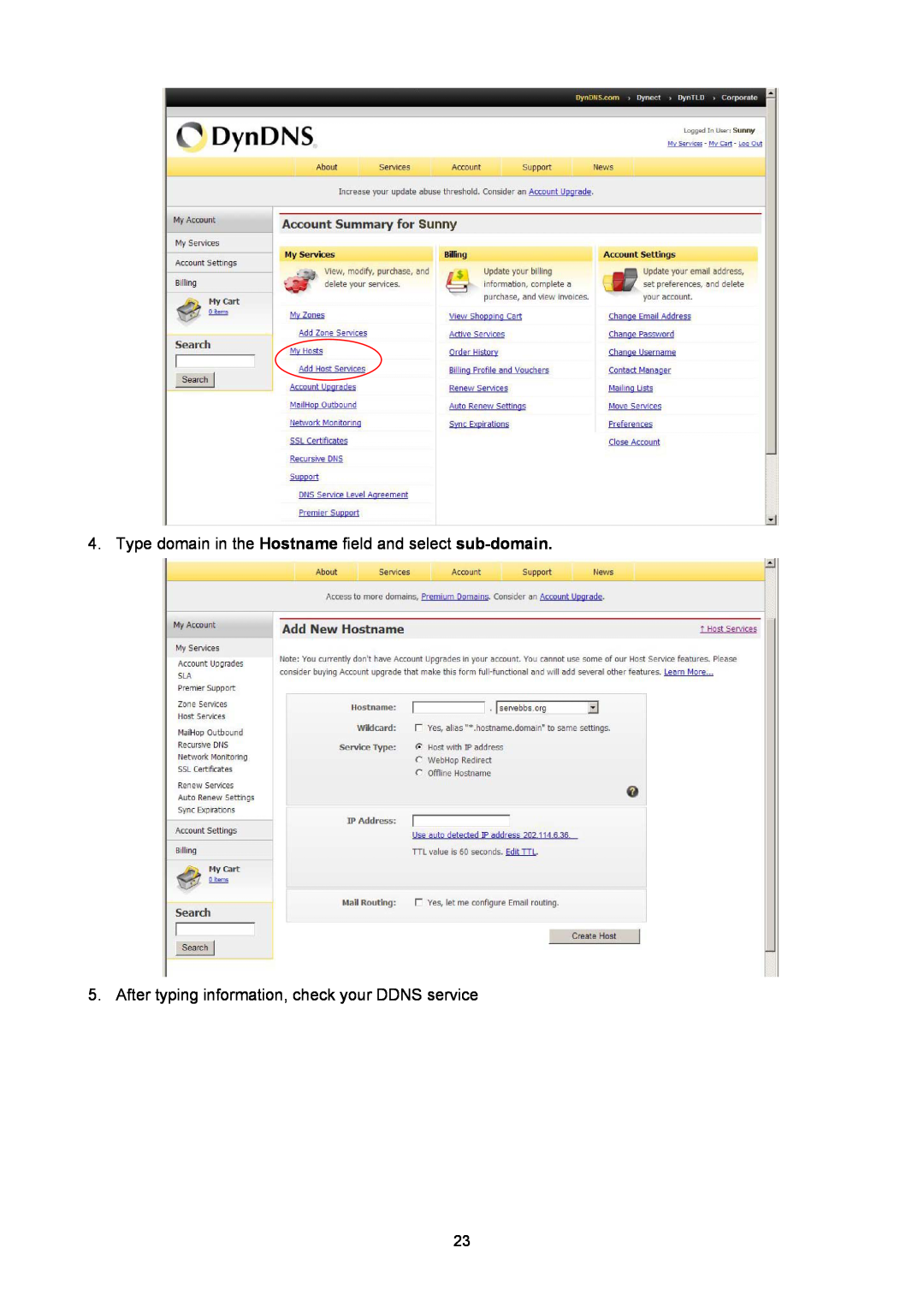 TP-Link TL-SC2020N manual Type domain in the Hostname field and select sub-domain 