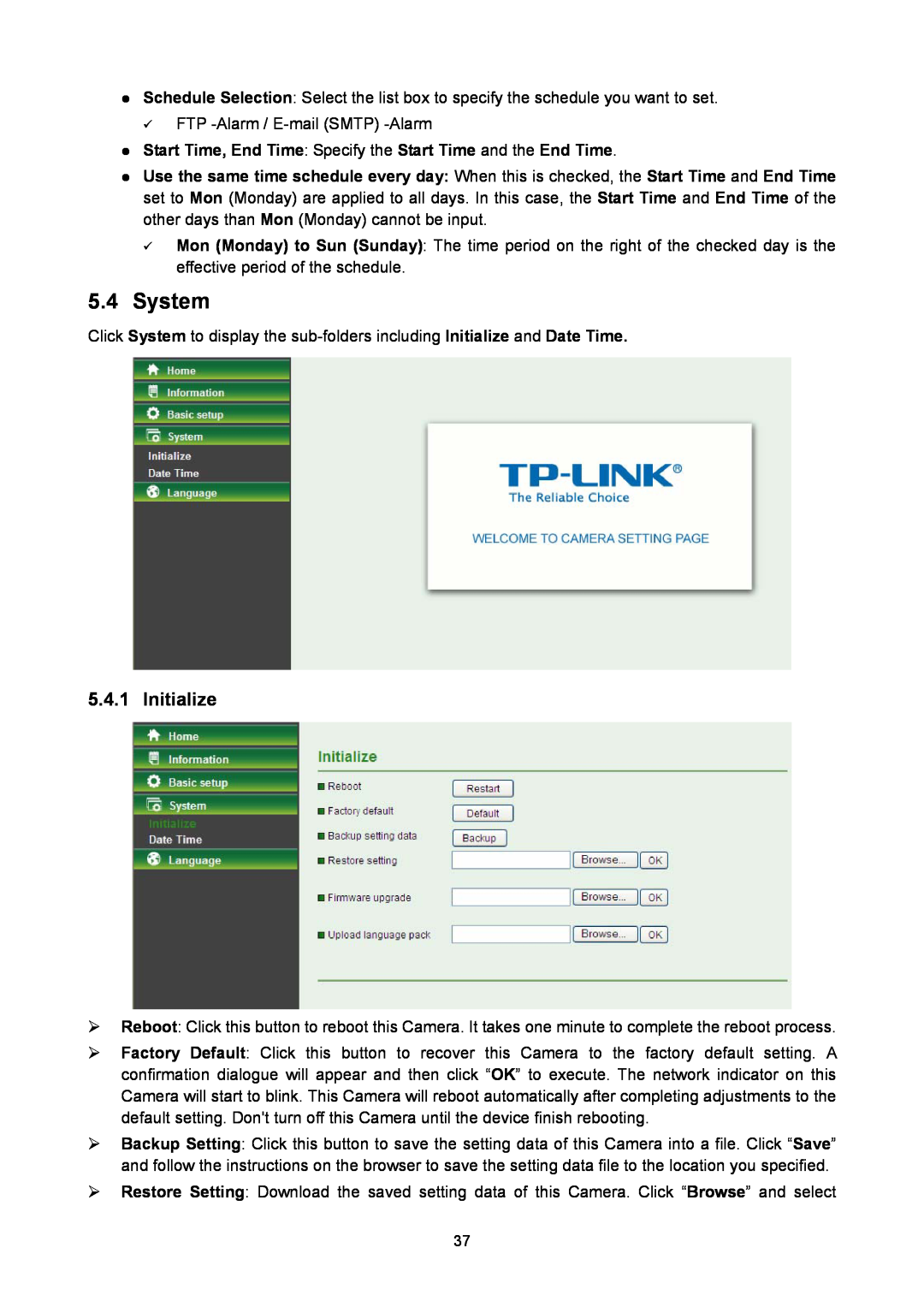 TP-Link TL-SC2020N manual 5.4System, Initialize 