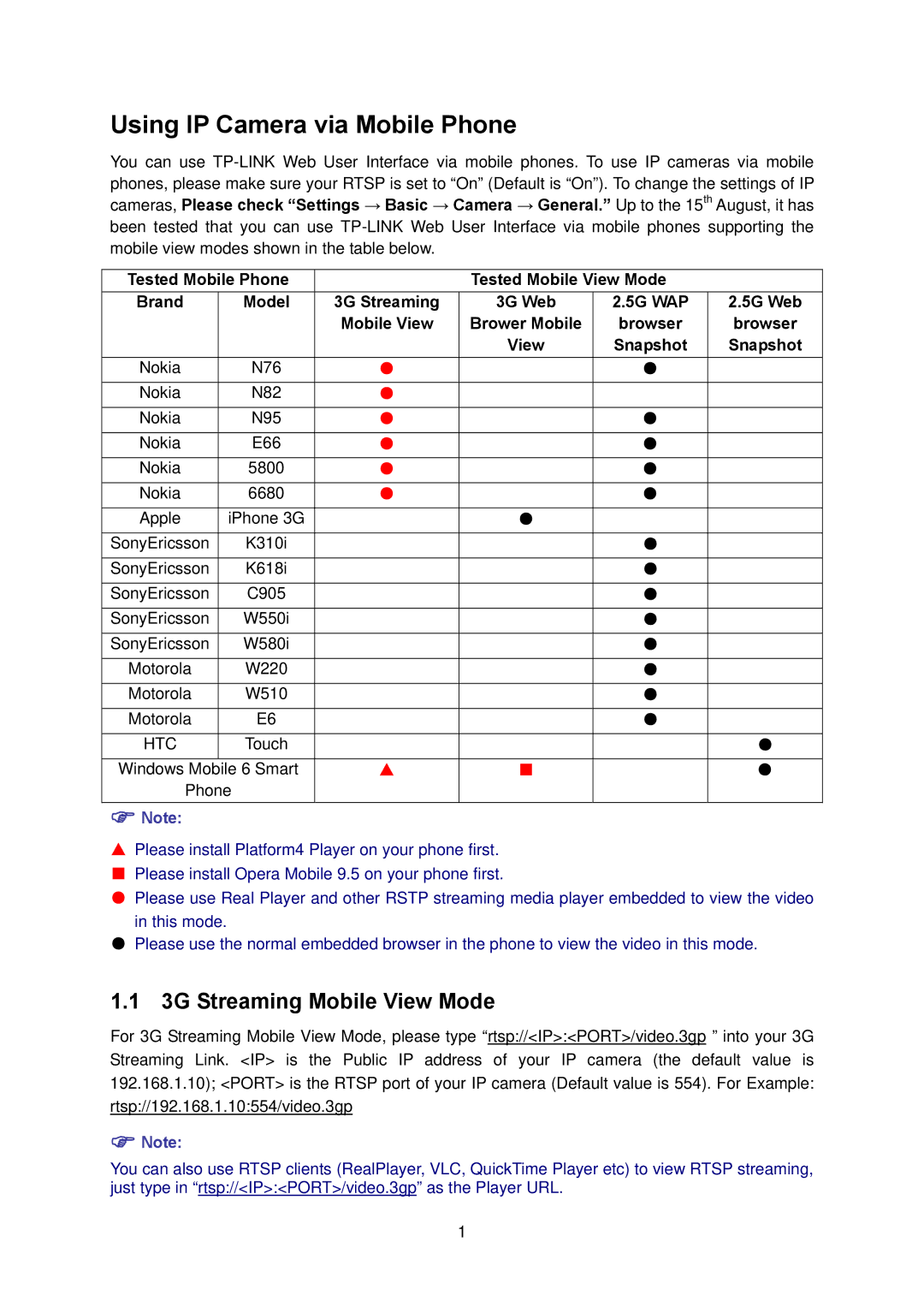 TP-Link TL-SC3130G manual 3G Streaming Mobile View Mode, Tested Mobile Phone Tested Mobile View Mode Brand, Browser 