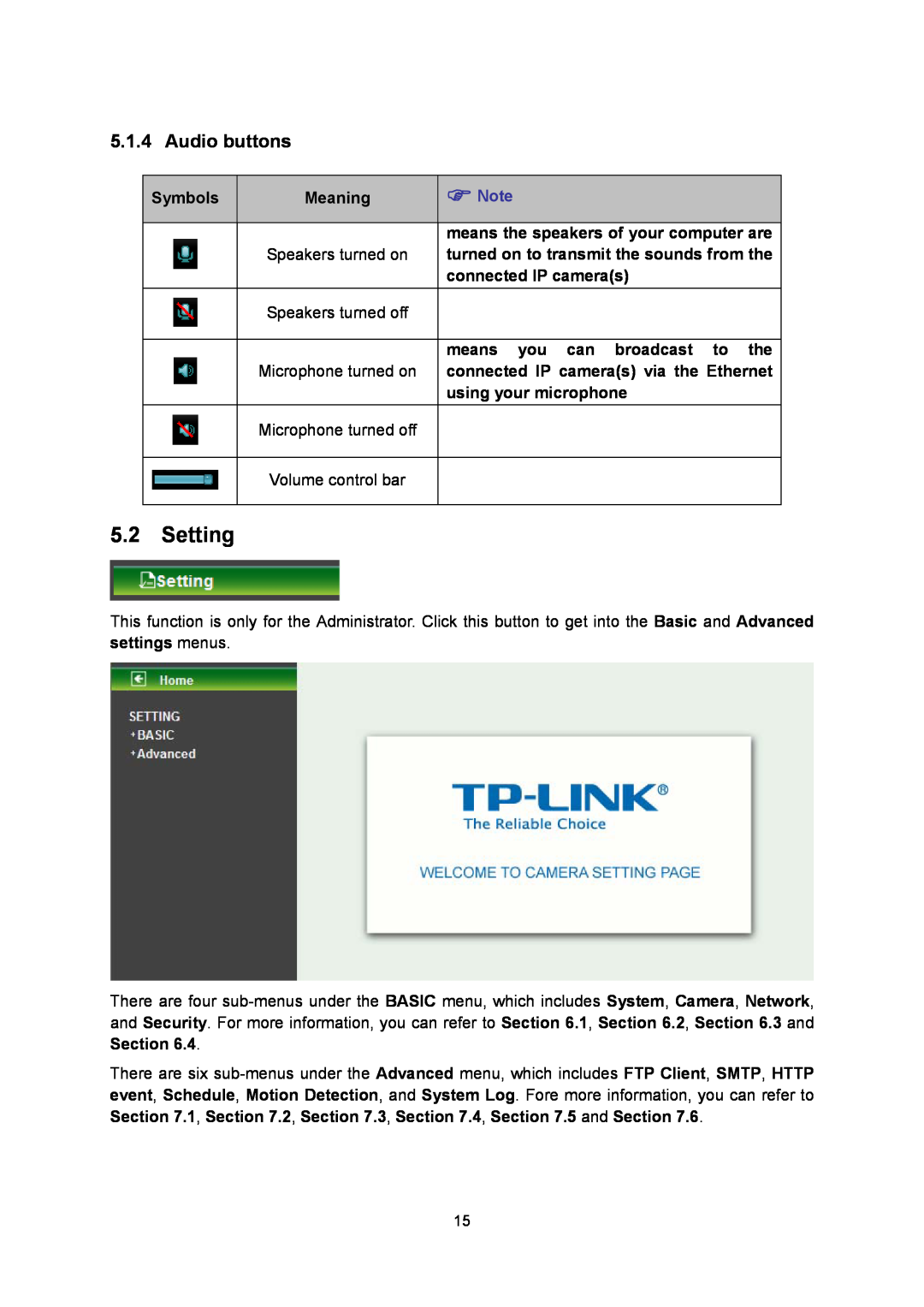 TP-Link TL-SC3130G Setting, Audio buttons, connected IP cameras, means you can broadcast to the, using your microphone 
