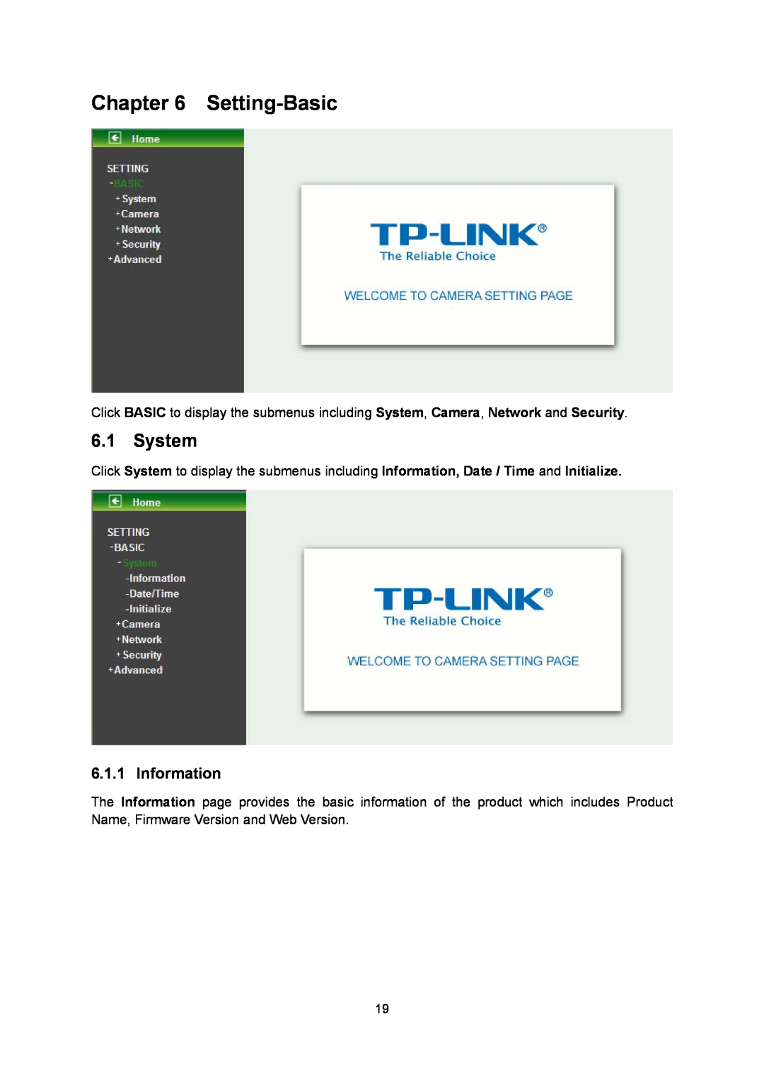 TP-Link TL-SC3130G manual Setting-Basic, System, Information 