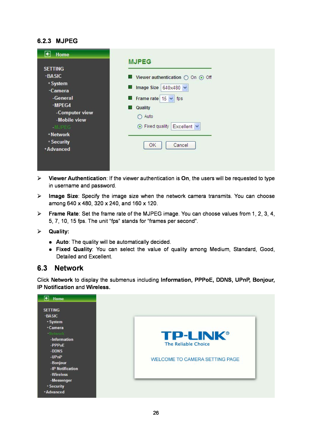 TP-Link TL-SC3130G manual Network, Mjpeg, ¾Quality 