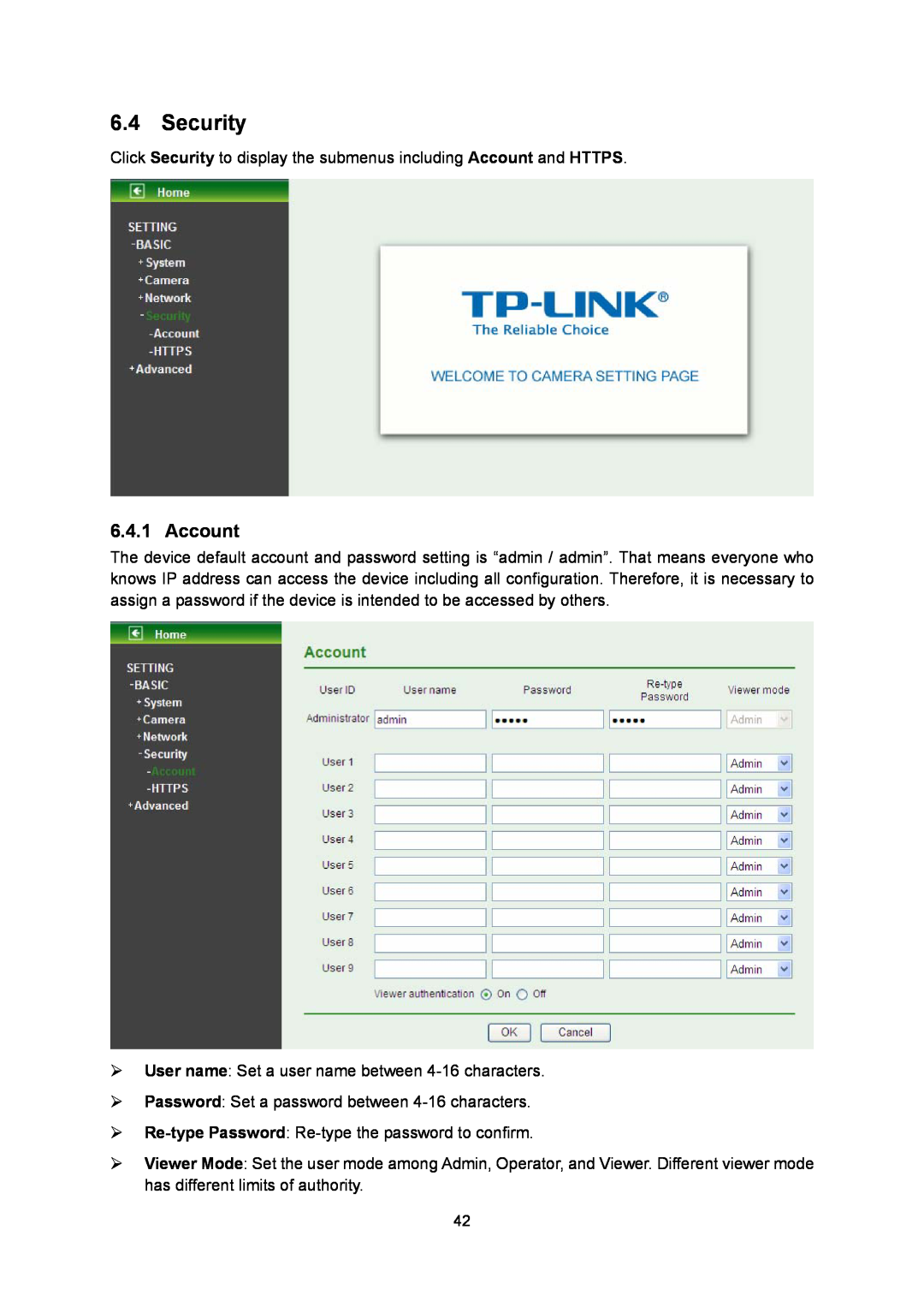TP-Link TL-SC3130G manual Security, Account 