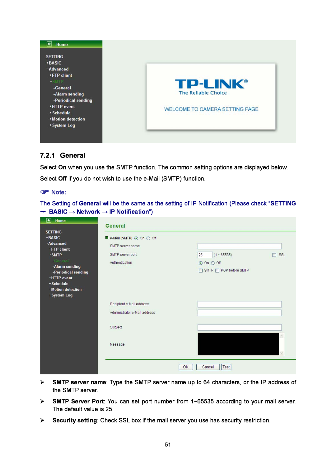 TP-Link TL-SC3130G manual General, →BASIC → Network → IP Notification” 