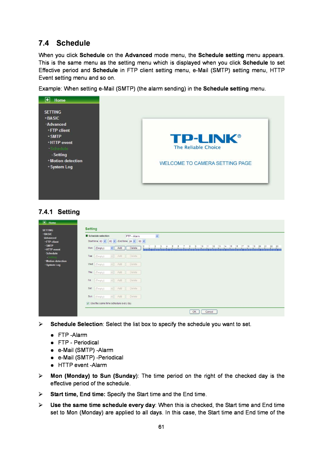 TP-Link TL-SC3130G manual Schedule, Setting 