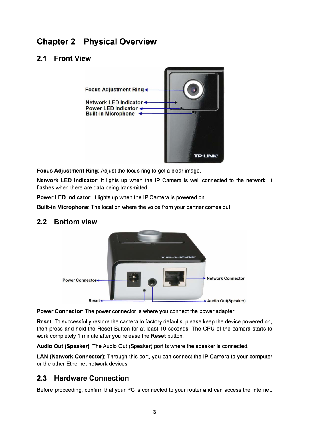 TP-Link TL-SC3130G manual Physical Overview, Front View, Bottom view, Hardware Connection 