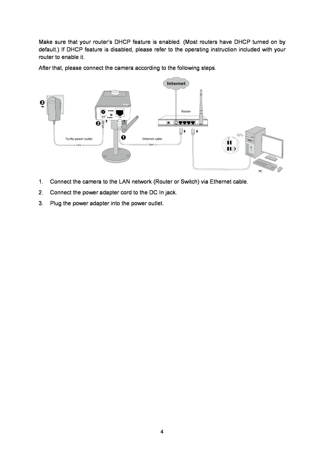 TP-Link TL-SC3130G manual Connect the power adapter cord to the DC In jack 