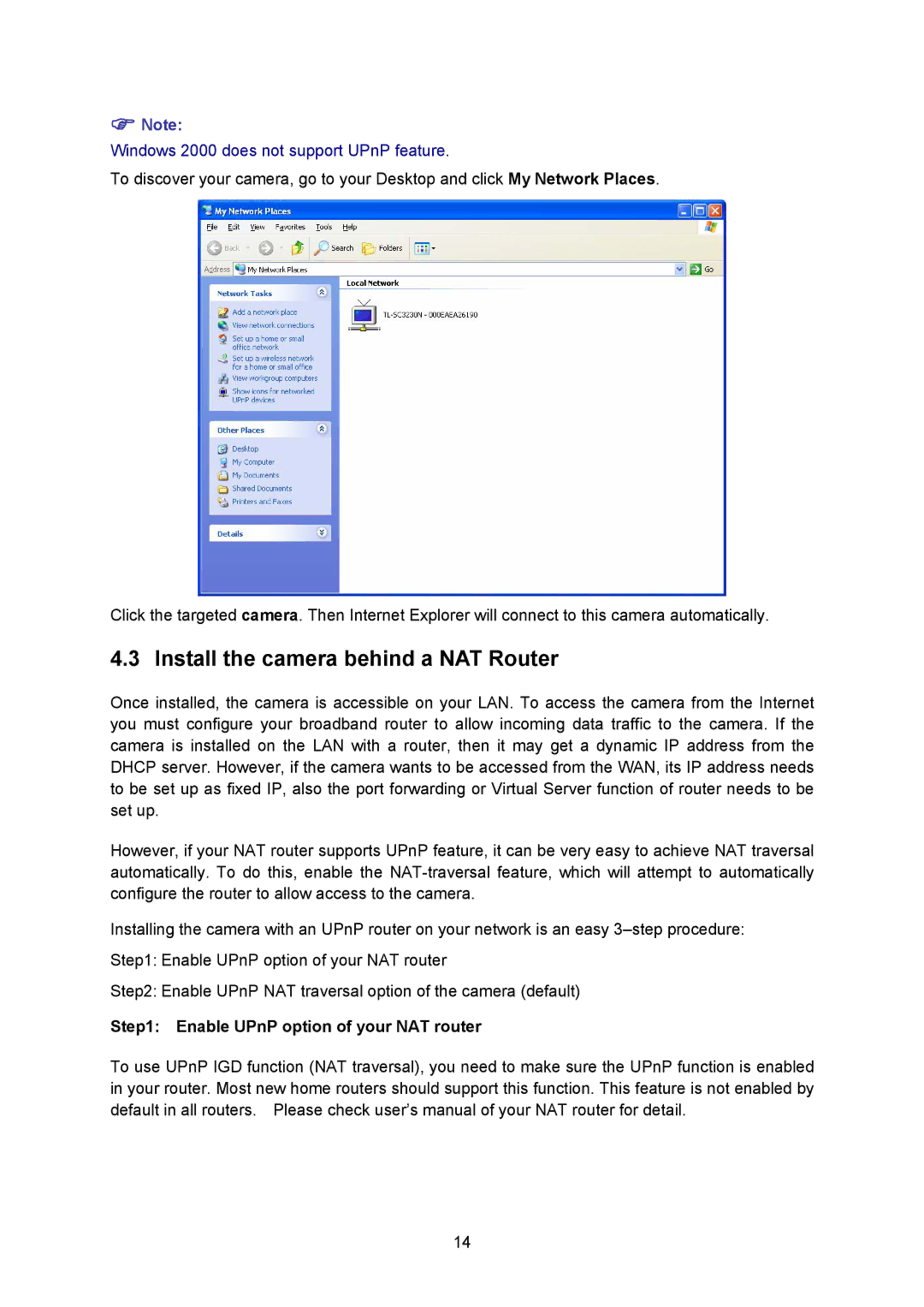 TP-Link TL-SC3230N, TL-SC323ON manual Install the camera behind a NAT Router, Enable UPnP option of your NAT router 