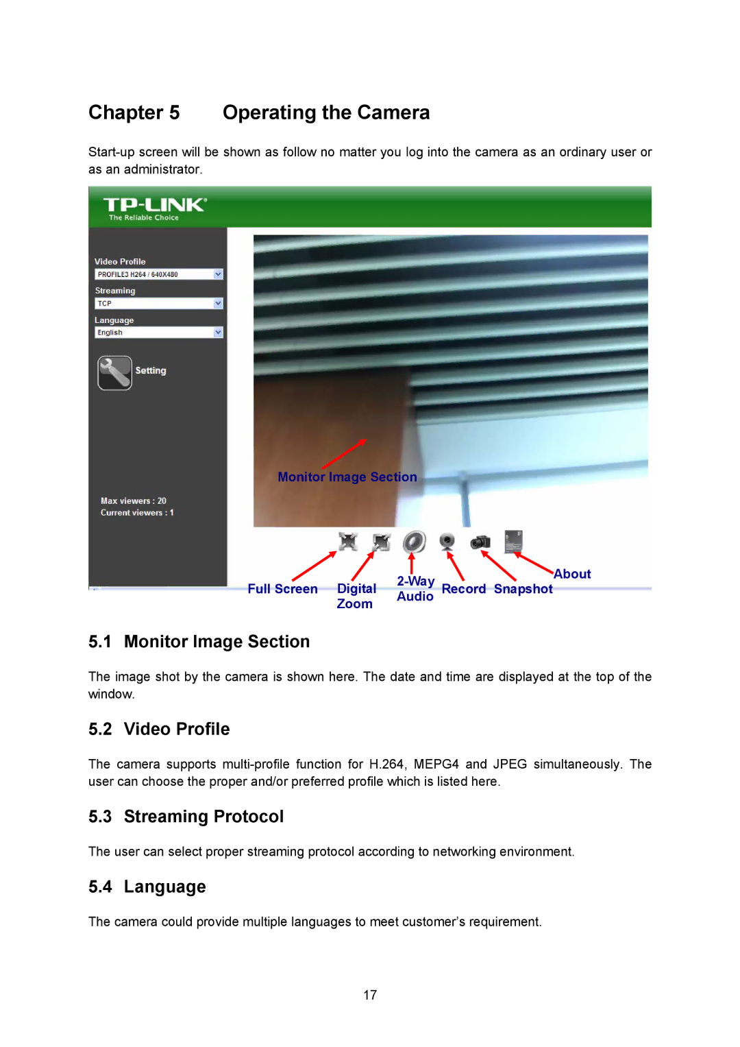 TP-Link TL-SC323ON, TL-SC3230N Operating the Camera, Monitor Image Section, Video Profile, Streaming Protocol, Language 