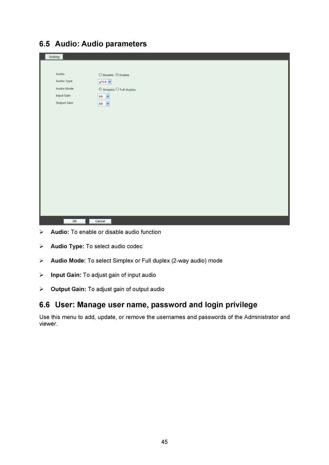 TP-Link TL-SC323ON, TL-SC3230N manual Audio Audio parameters, User Manage user name, password and login privilege 