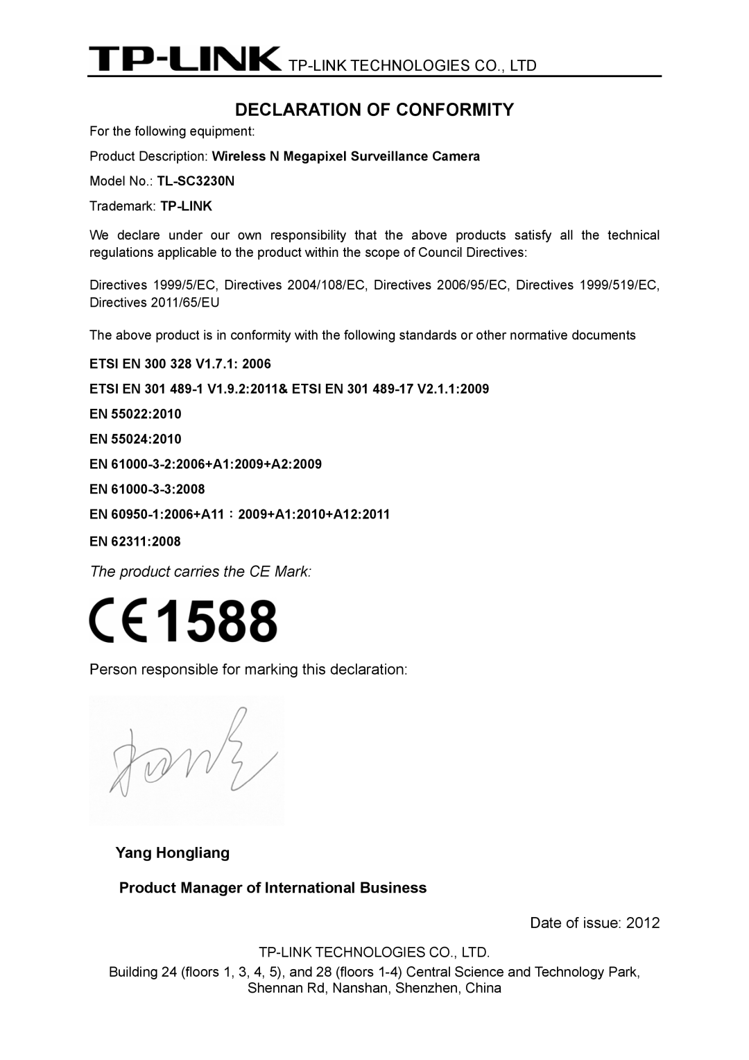 TP-Link TL-SC3230N, TL-SC323ON manual Yang Hongliang Product Manager of International Business 